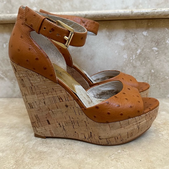 MICHAEL KORS Ariana Platform Wedges - Cork Wedge Ostrich Leather - Size 7-1/2 M - Picture 3 of 9